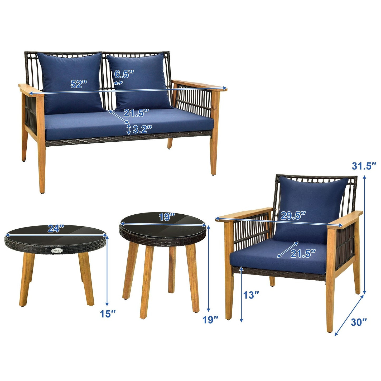 5 Piece Outdoor Conversation Set with 2 Coffee Tables for Backyard Poolside, Navy