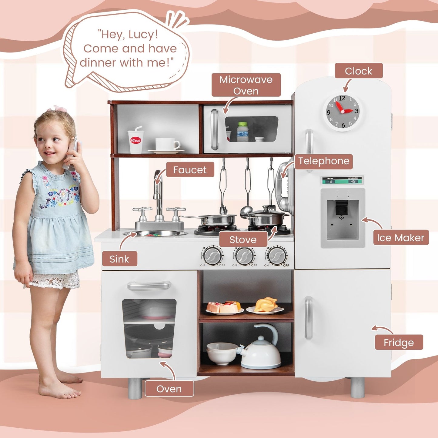 Kids Kitchen Playset with Realistic Sounds and Lights, Brown & White