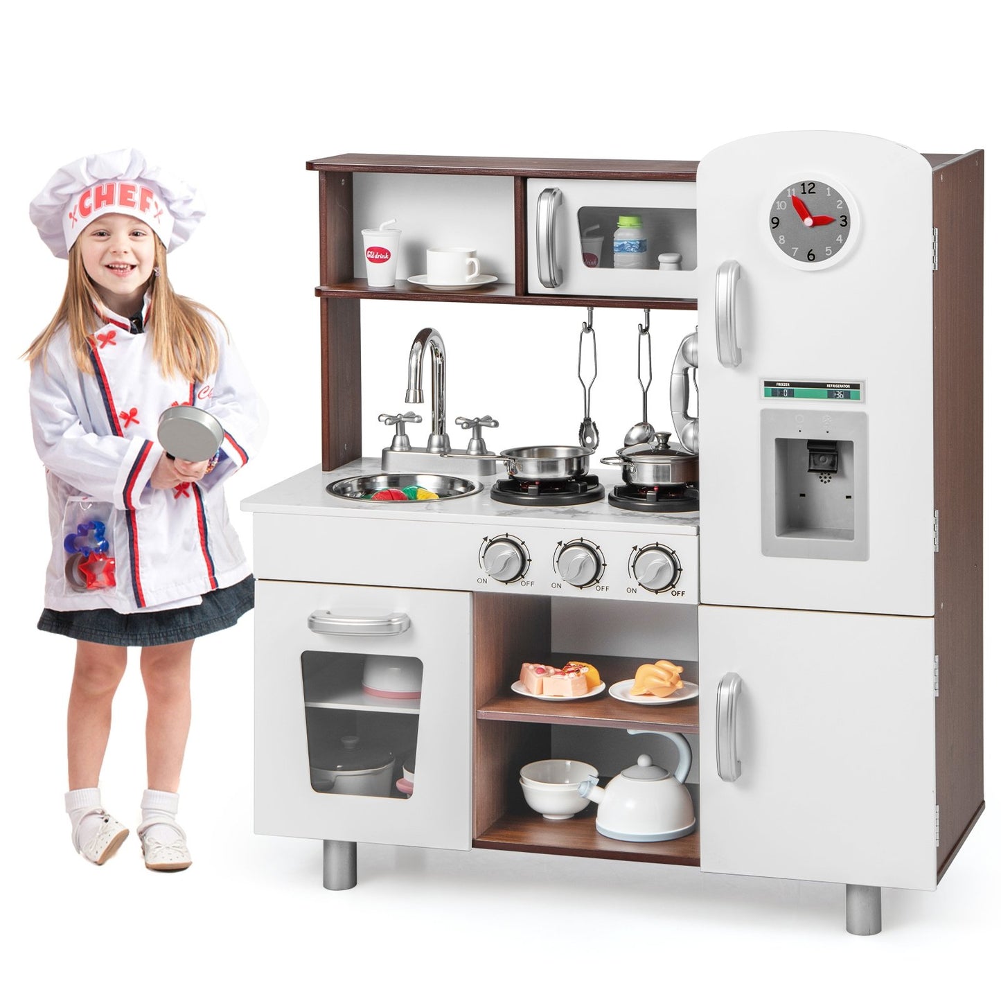 Kids Kitchen Playset with Realistic Sounds and Lights, Brown & White