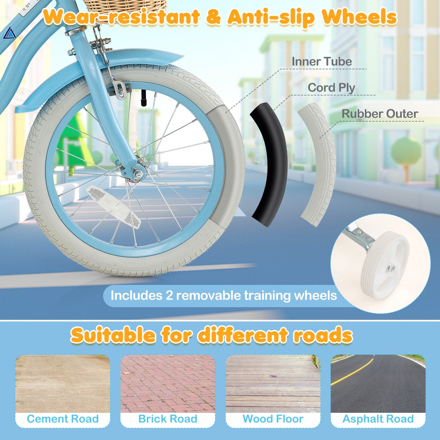 16-Inch Kids Bike with Training Wheels and Adjustable Handlebar Seat, Blue Kids Bike at Gallery Canada