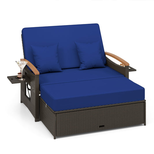 Outdoor Wicker Daybed with Folding Panels and Storage Ottoman, Navy