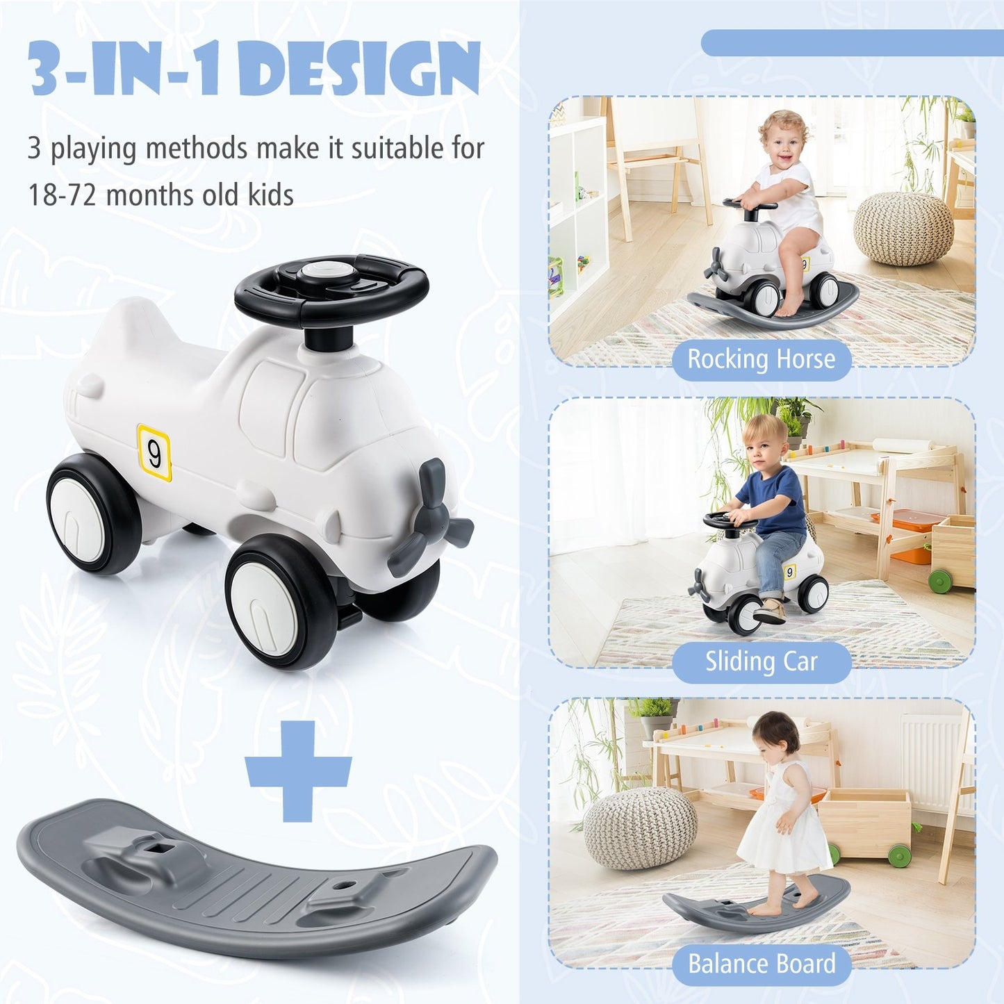 3-in-1 Rocking Horse and Sliding Car with Detachable Balance Board, White