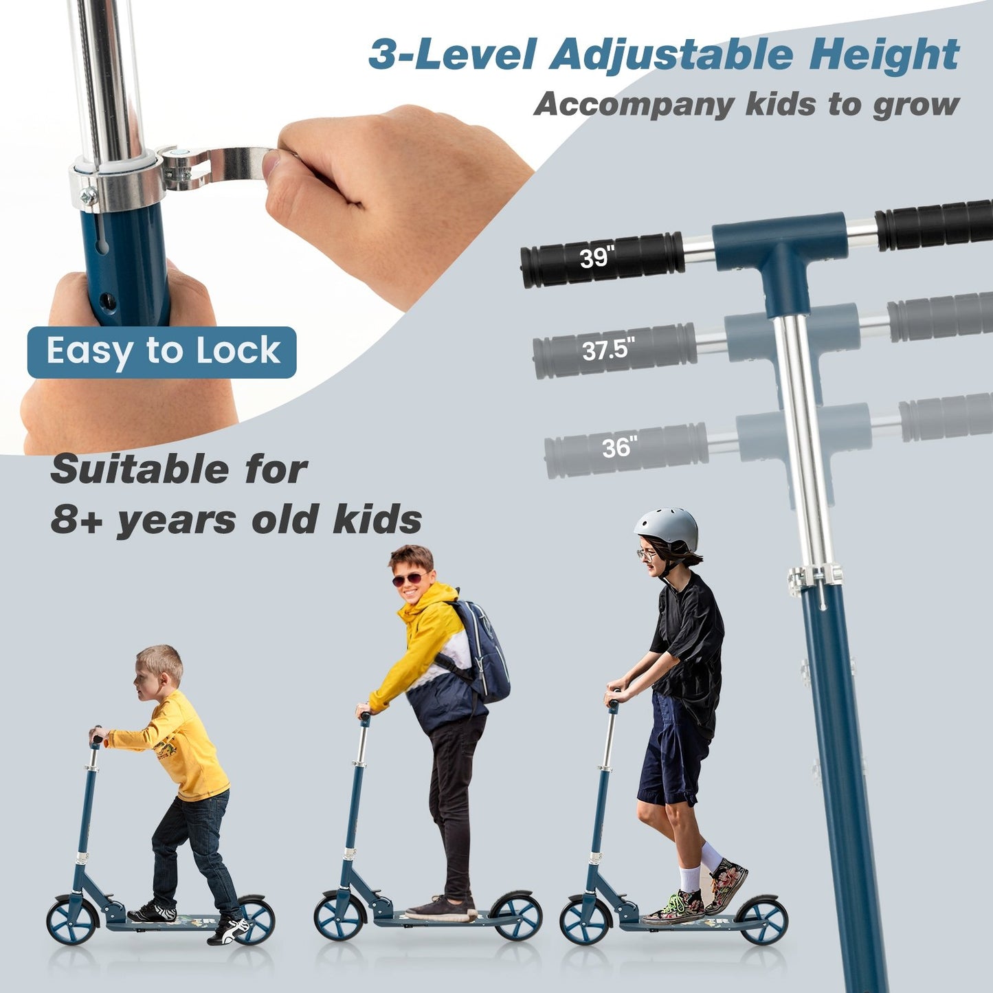 Folding Aluminum Alloy Scooter with 3 Adjustable Heights, Blue