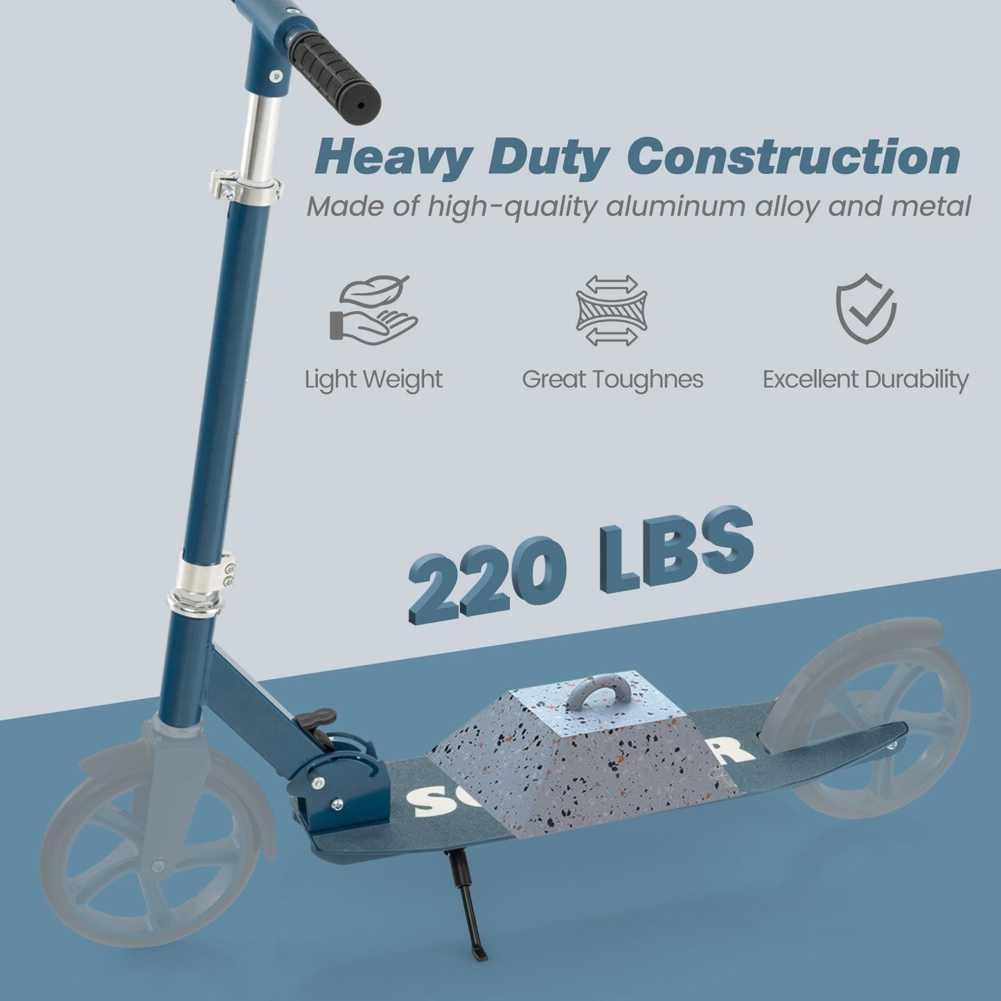 Folding Aluminum Alloy Scooter with 3 Adjustable Heights, Blue
