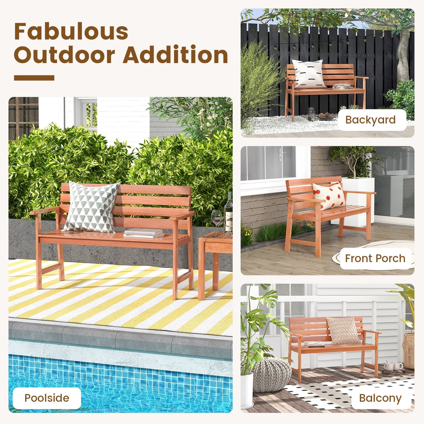 Solid Wood Bench, 2-Seat Chair, Slatted Seat, Inclined Backrest, Natural Outdoor Benches at Gallery Canada