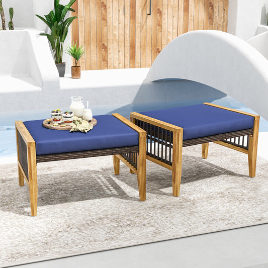 Acacia Wood Ottoman With Cushions, Rattan Woven Footstool, Navy