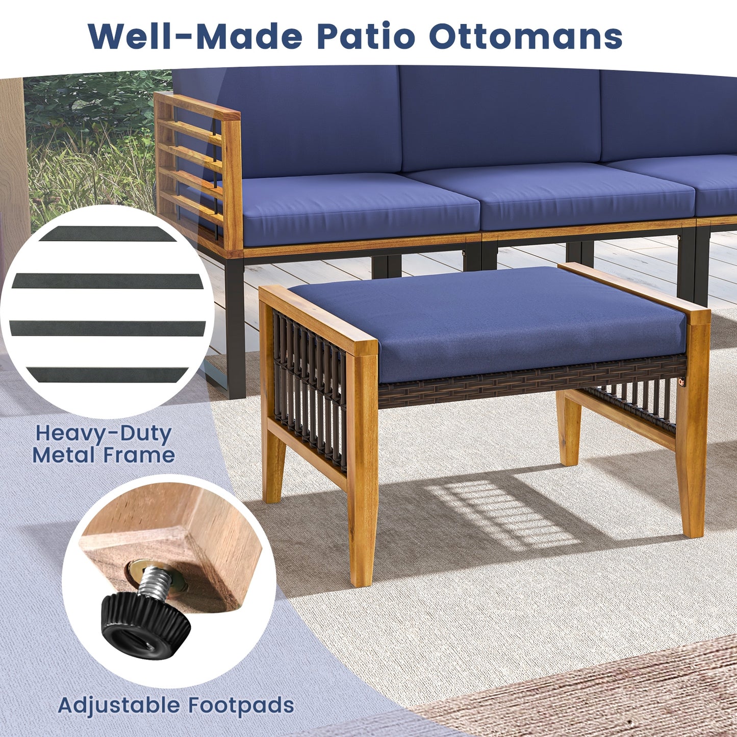 Acacia Wood Ottoman With Cushions, Rattan Woven Footstool, Navy Ottomans at Gallery Canada