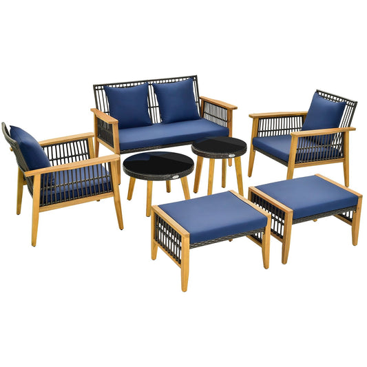 7 Piece Outdoor Conversation Set with Stable Acacia Wood Frame Cozy Seat & Back Cushions, Navy