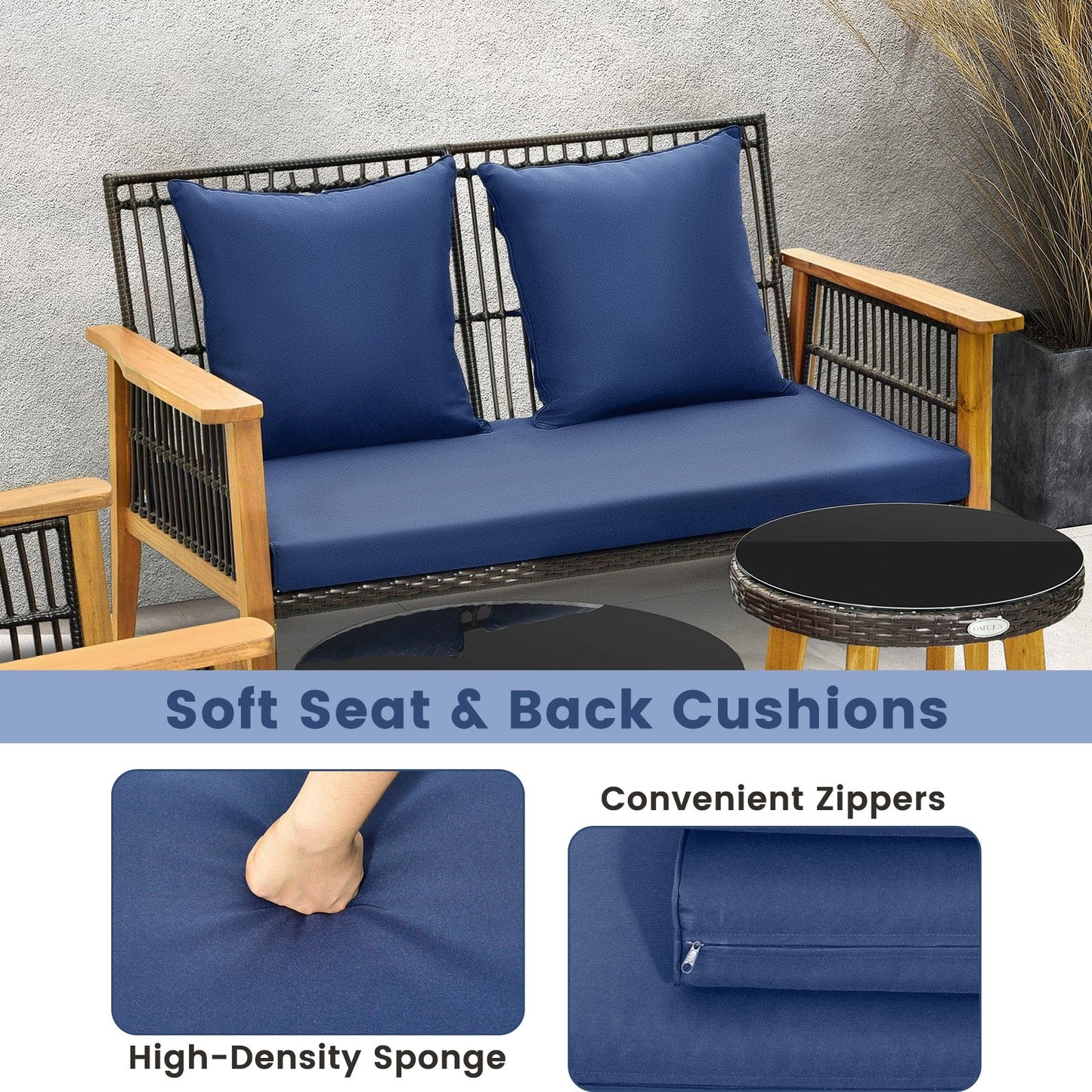 7 Piece Outdoor Conversation Set with Stable Acacia Wood Frame Cozy Seat & Back Cushions, Navy