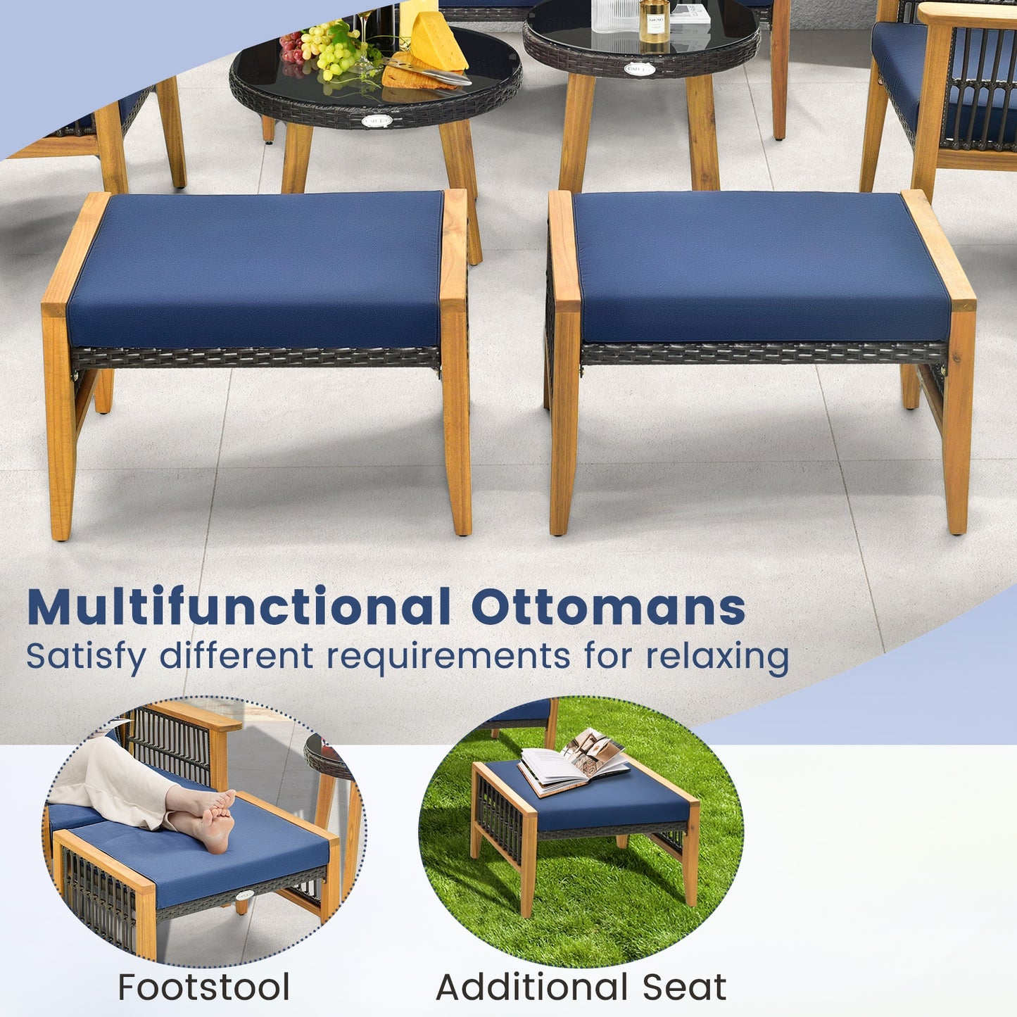 7 Piece Outdoor Conversation Set, Acacia Wood Frame, Cushions, Navy Patio Conversation Sets at Gallery Canada