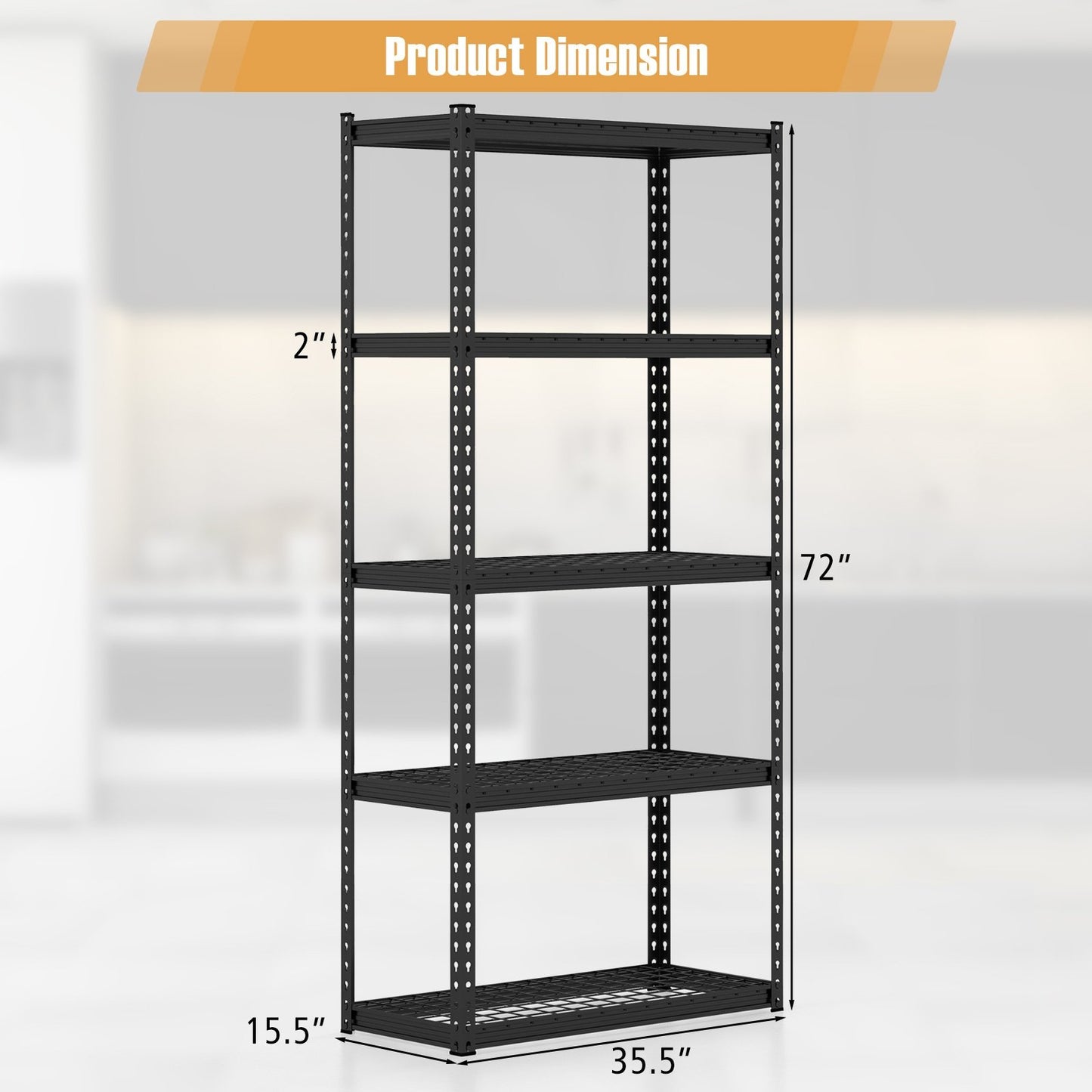 5-Tier Metal Shelving Unit with Anti-slip Foot Pad Height Adjustable Shelves for Garage-M, Black