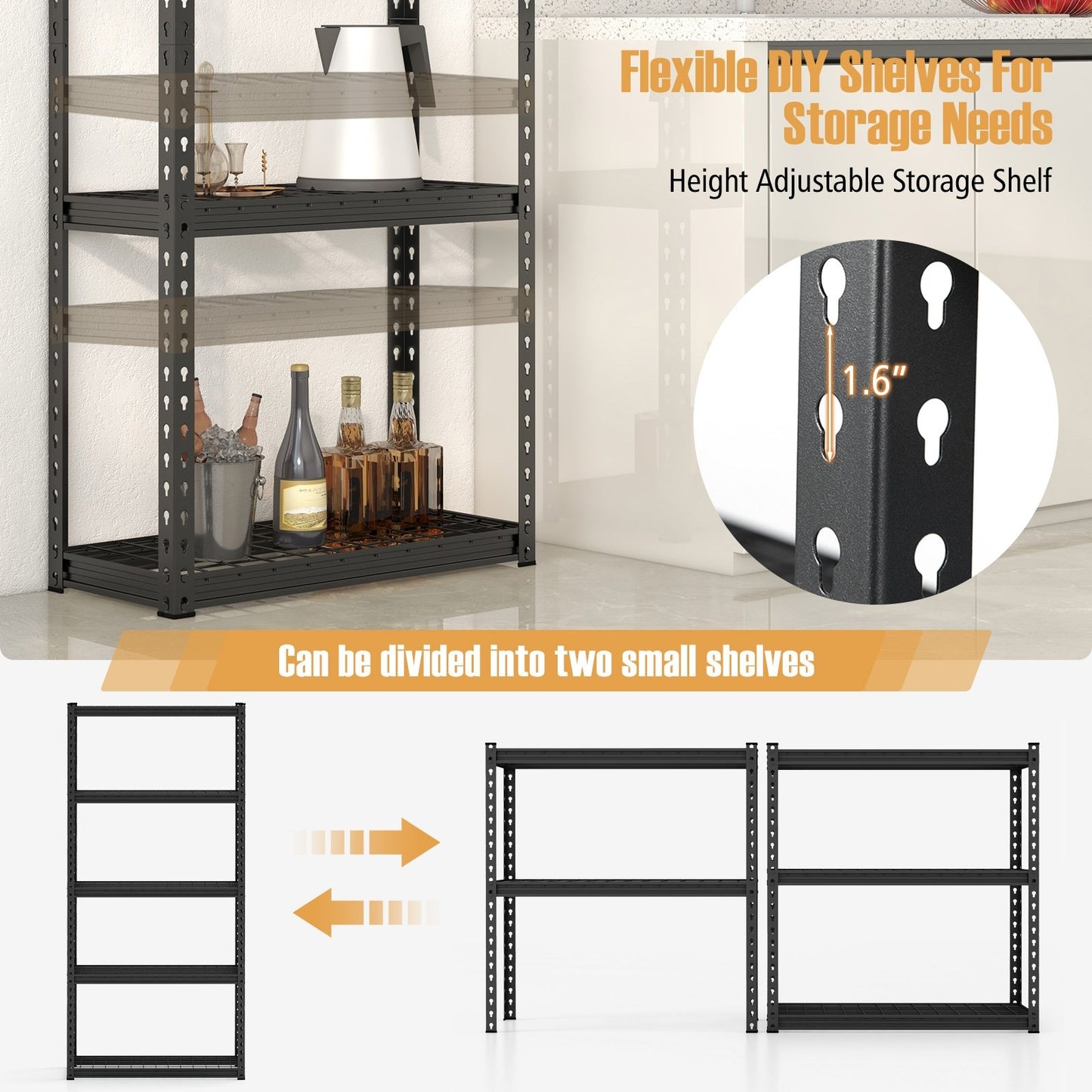 5-Tier Metal Shelving Unit with Anti-slip Foot Pad Height Adjustable Shelves for Garage-M, Black