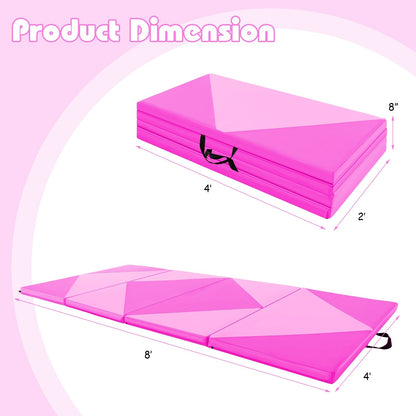 8 Feet PU Leather Folding Gymnastics Mat with Hook and Loop Fasteners, Pink