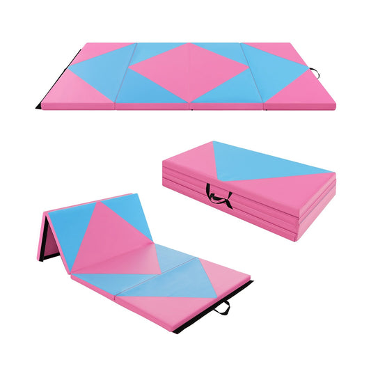 8 Feet PU Leather Folding Gymnastics Mat with Hook and Loop Fasteners, Pink & Blue