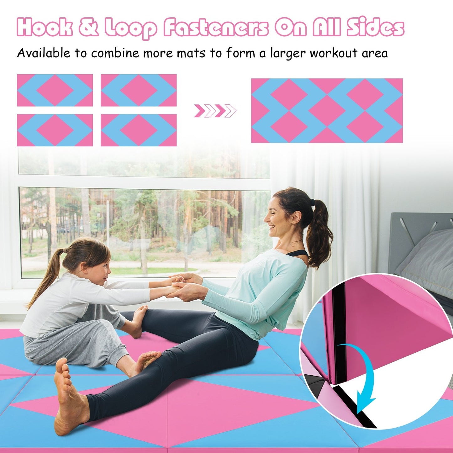 8 Feet PU Leather Folding Gymnastics Mat with Hook and Loop Fasteners, Pink & Blue