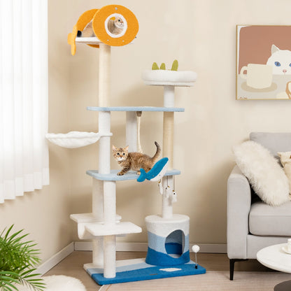 Multi-level Ocean-themed Cat Tree Tower with Sisal Covered Scratching Posts, Blue