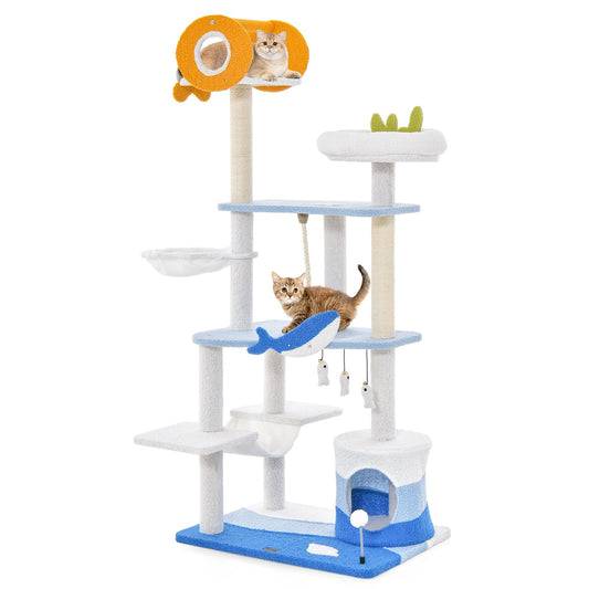 Multi-level Ocean-themed Cat Tree Tower with Sisal Covered Scratching Posts, Blue