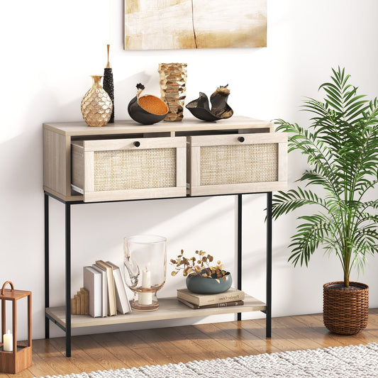 Rattan Console Table Boho Entryway Table with 2 Rattan Drawers and Open Storage Shelf, Oak Console Tables Oak at Gallery Canada