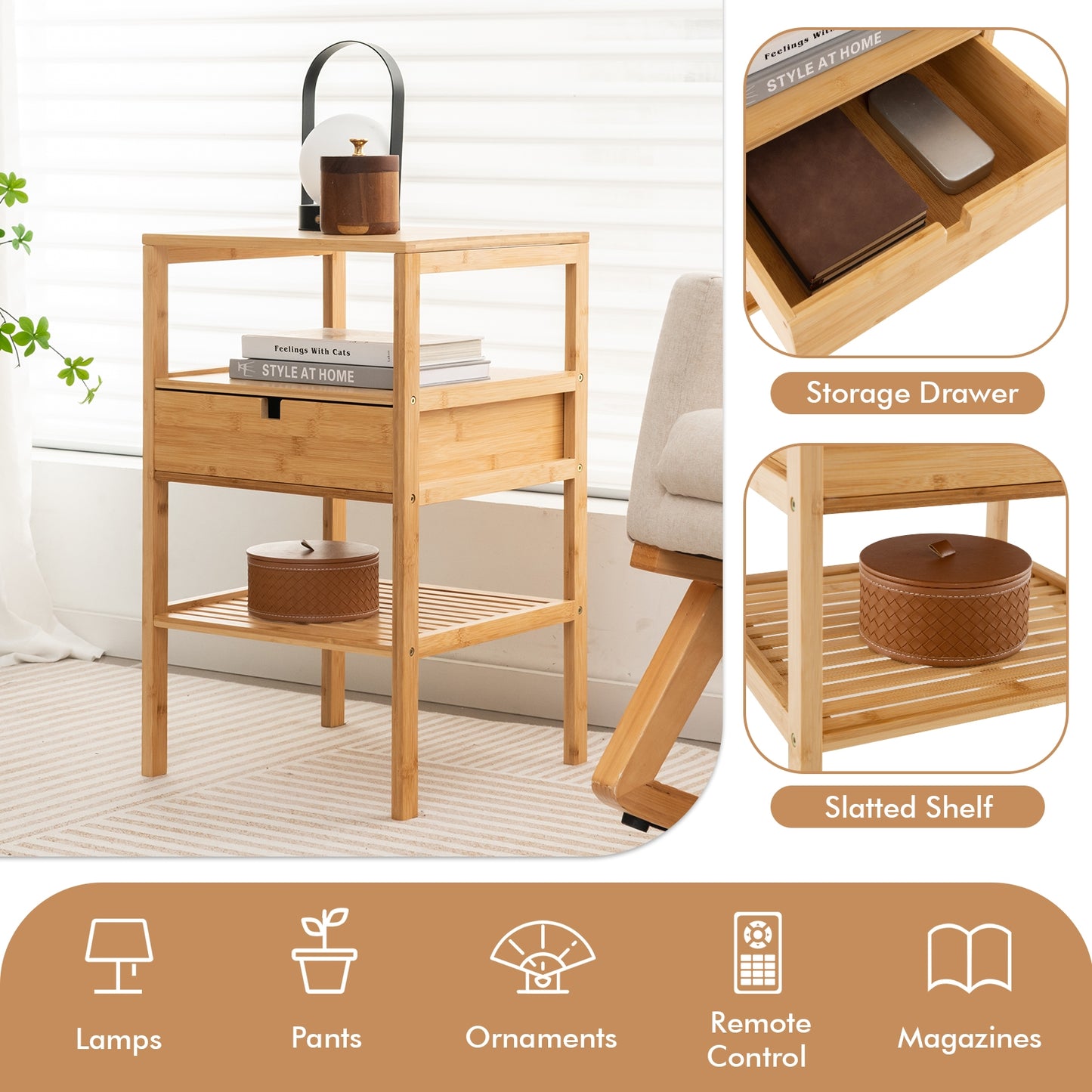 Bamboo End Table Set, 2 Open Shelves, Drawer, Natural Nightstands at Gallery Canada