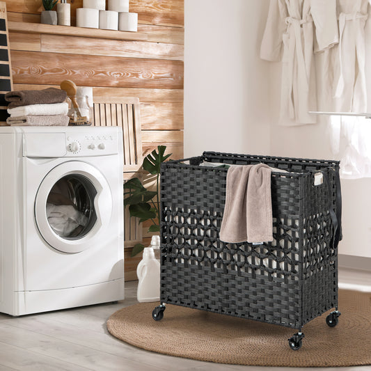 110L 2-Section Laundry Hamper, Removable Washable Liner Bags, Black Laundry Baskets Black at Gallery Canada