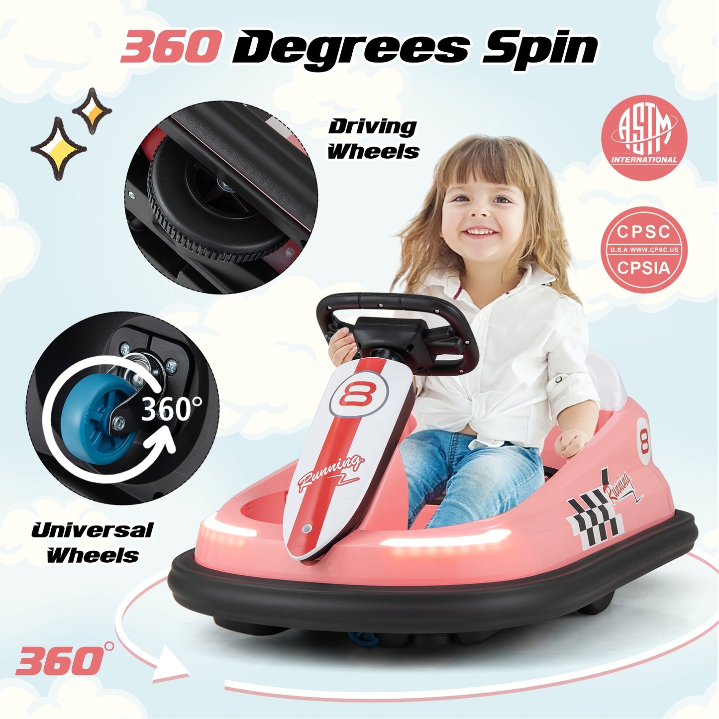 6V kids Ride-on Bumper Car with 360° Spinning and Dual Motors, Pink Powered Ride On Toys at Gallery Canada