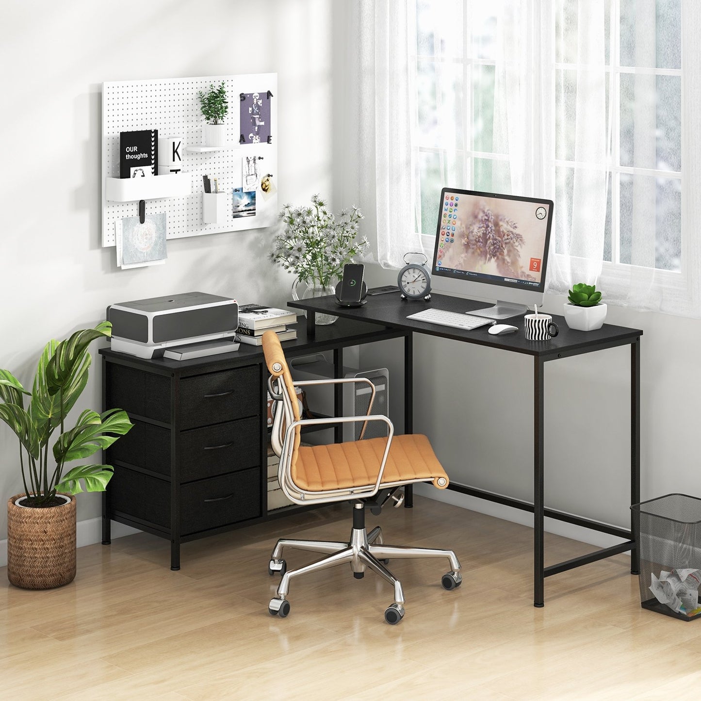 L-shaped Computer Desk with Power Outlet for Working Studying Gaming, Black