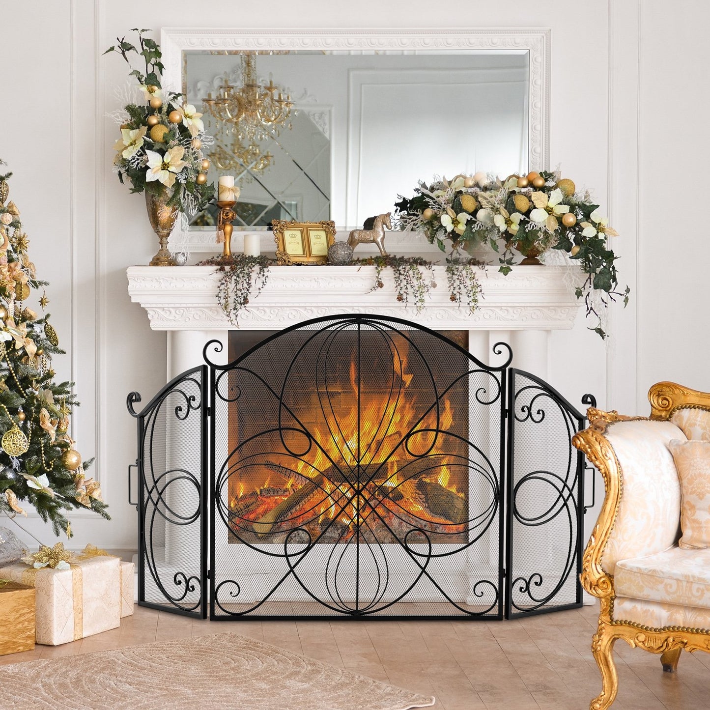 59.5 x 32.5 Inch Fireplace Screen with Floral Pattern, Black