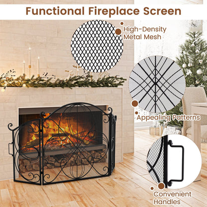59.5 x 32.5 Inch Fireplace Screen with Floral Pattern, Black