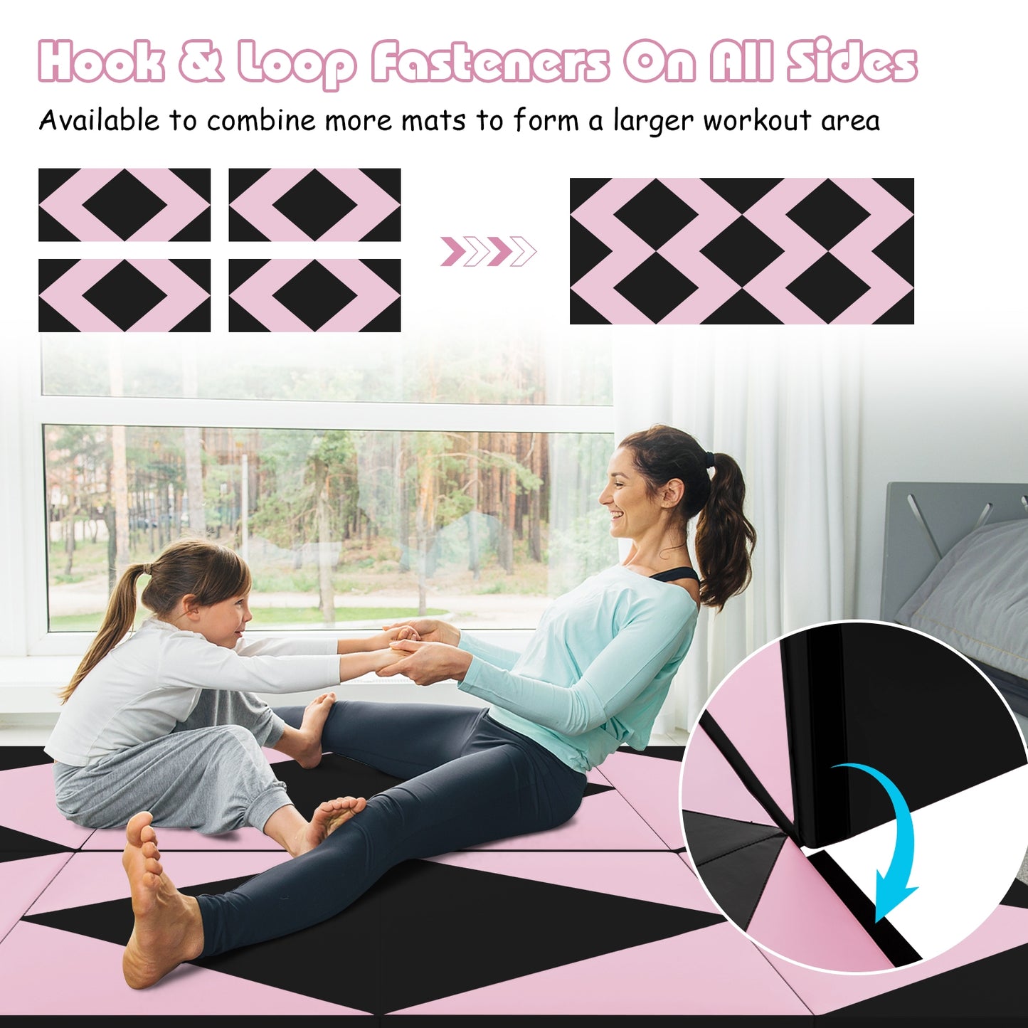 8 Feet PU Leather Folding Gymnastics Mat with Hook and Loop Fasteners, Black & Pink Yoga & Gym Mats at Gallery Canada