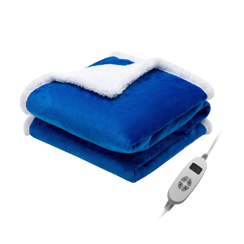 Electric Heated Blanket Throw Reversible Flannel and Sherpa Blanket, Blue