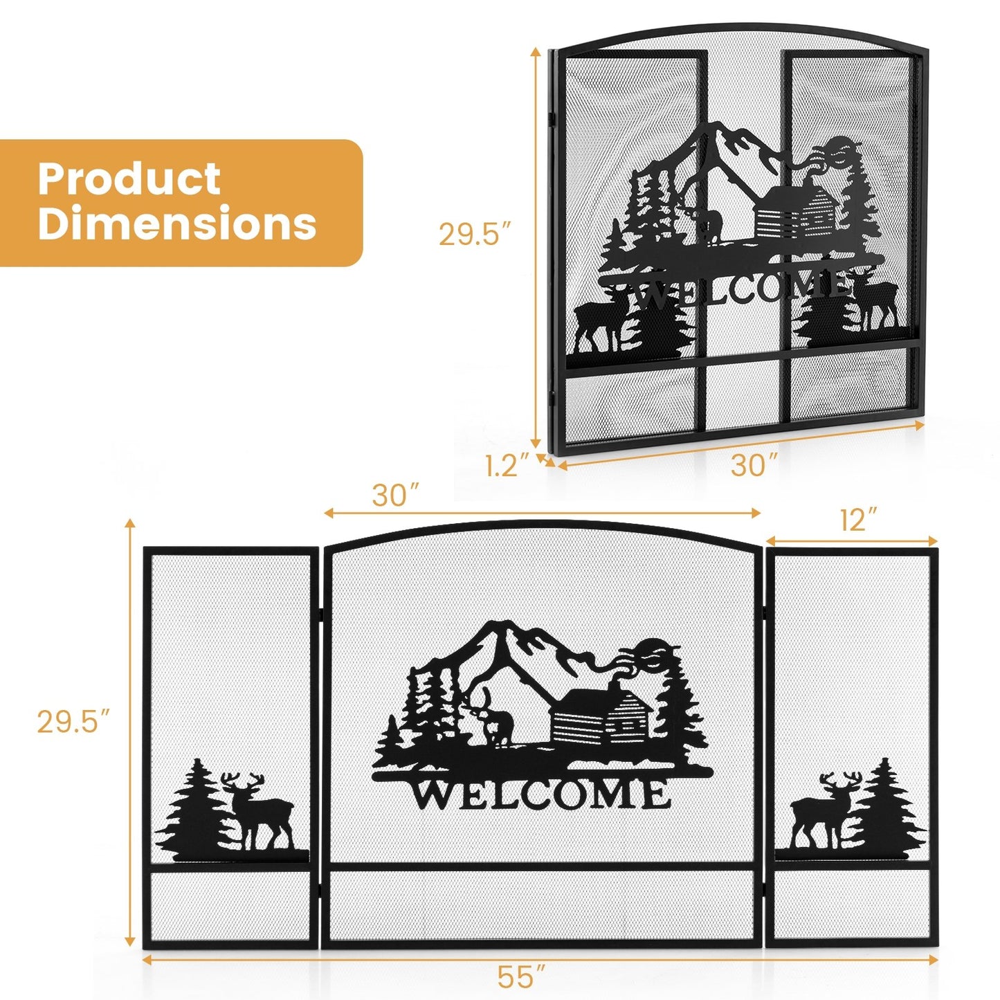 55 x 29.5 Inch Fireplace Screen with Natural Scenery and Moose Pattern, Black