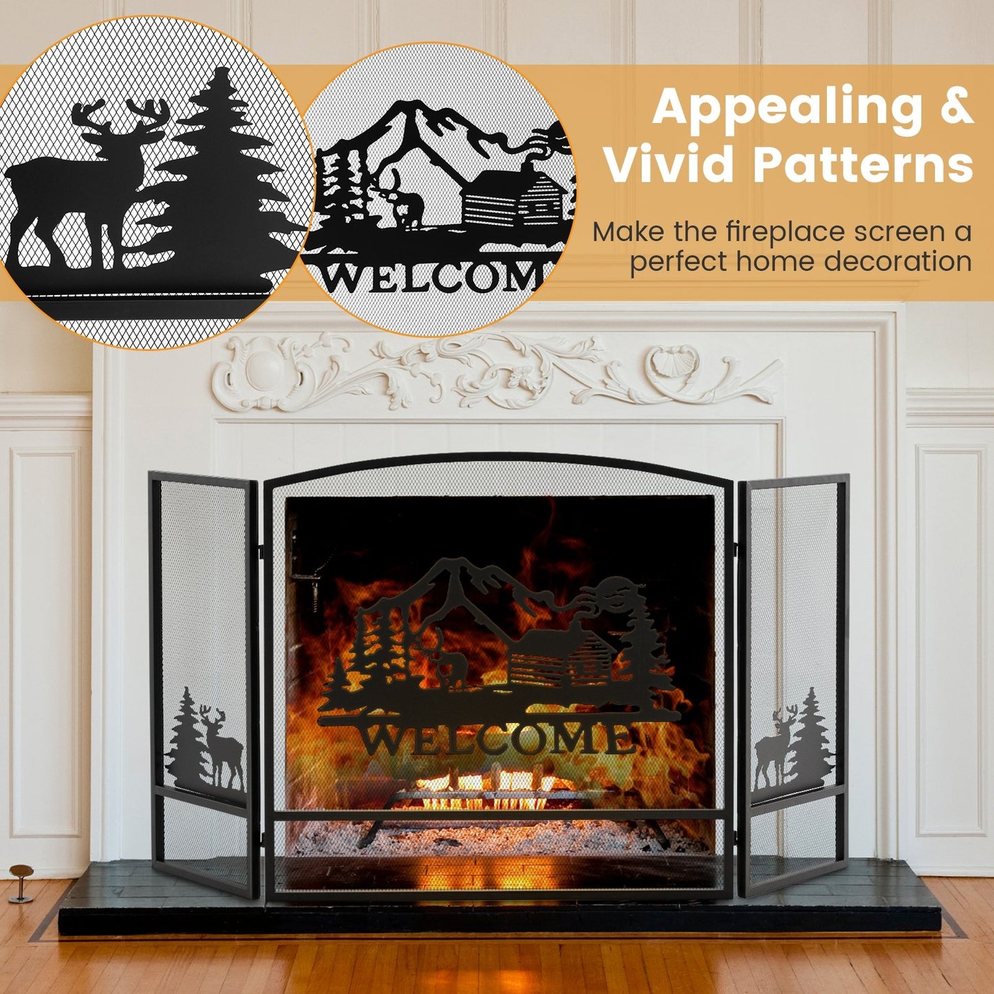 55 x 29.5 Inch Fireplace Screen with Natural Scenery and Moose Pattern, Black