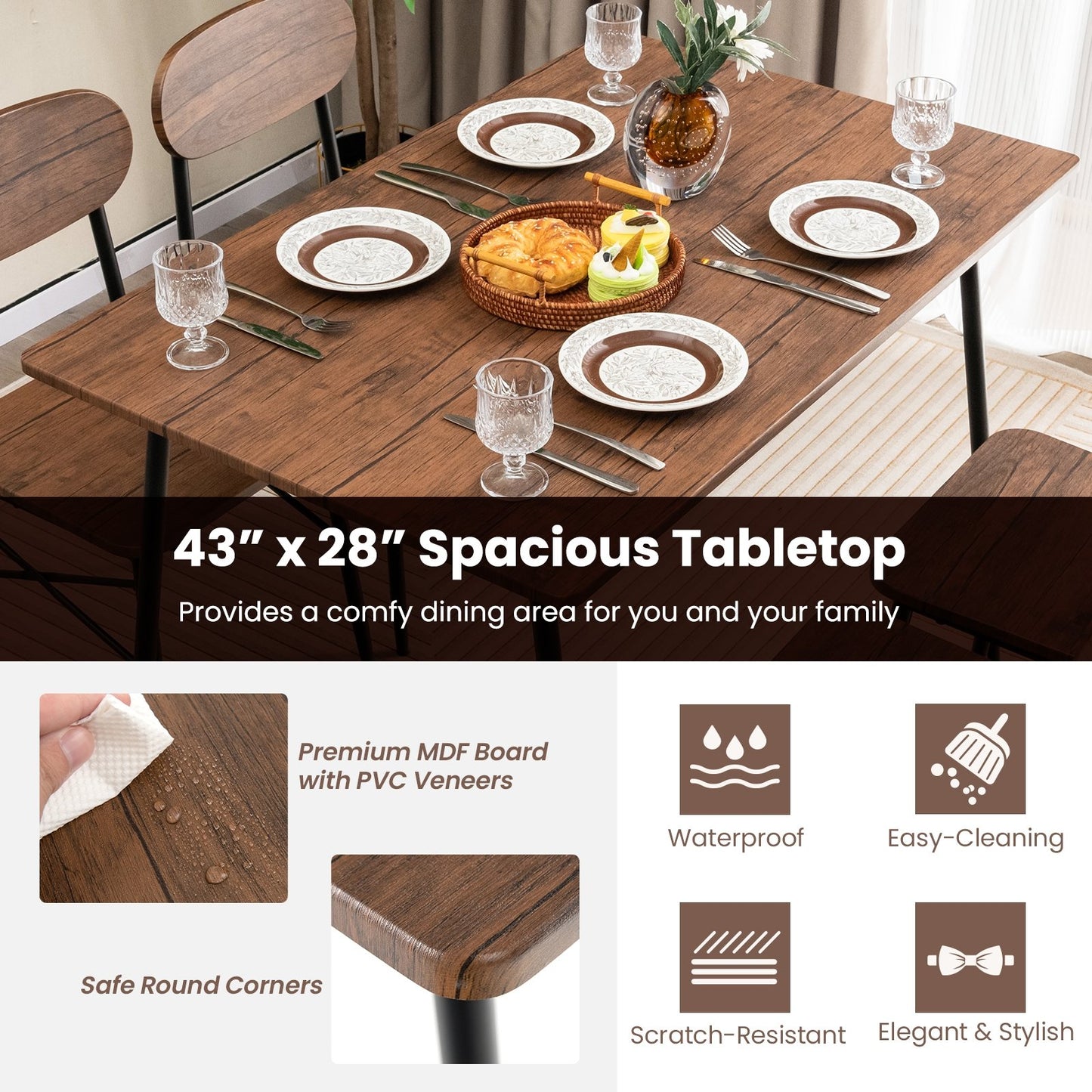 5 Piece Dining Table Set Rectangular with Backrest and Metal Legs for Breakfast Nook, Rustic Brown