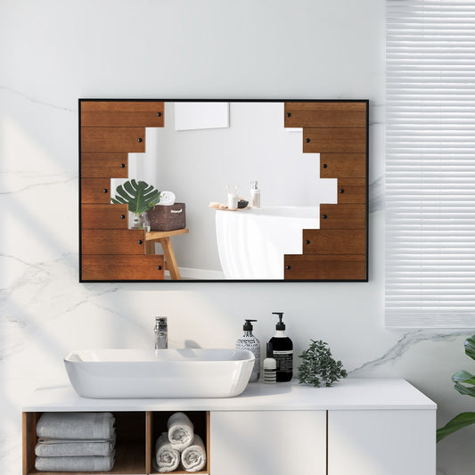 37.5 Inch x 26.5 Inch Decorative Rectangle Wall Mirror with Piano Key-Shaped Frame, Wood Wall Mirrors Wood at Gallery Canada