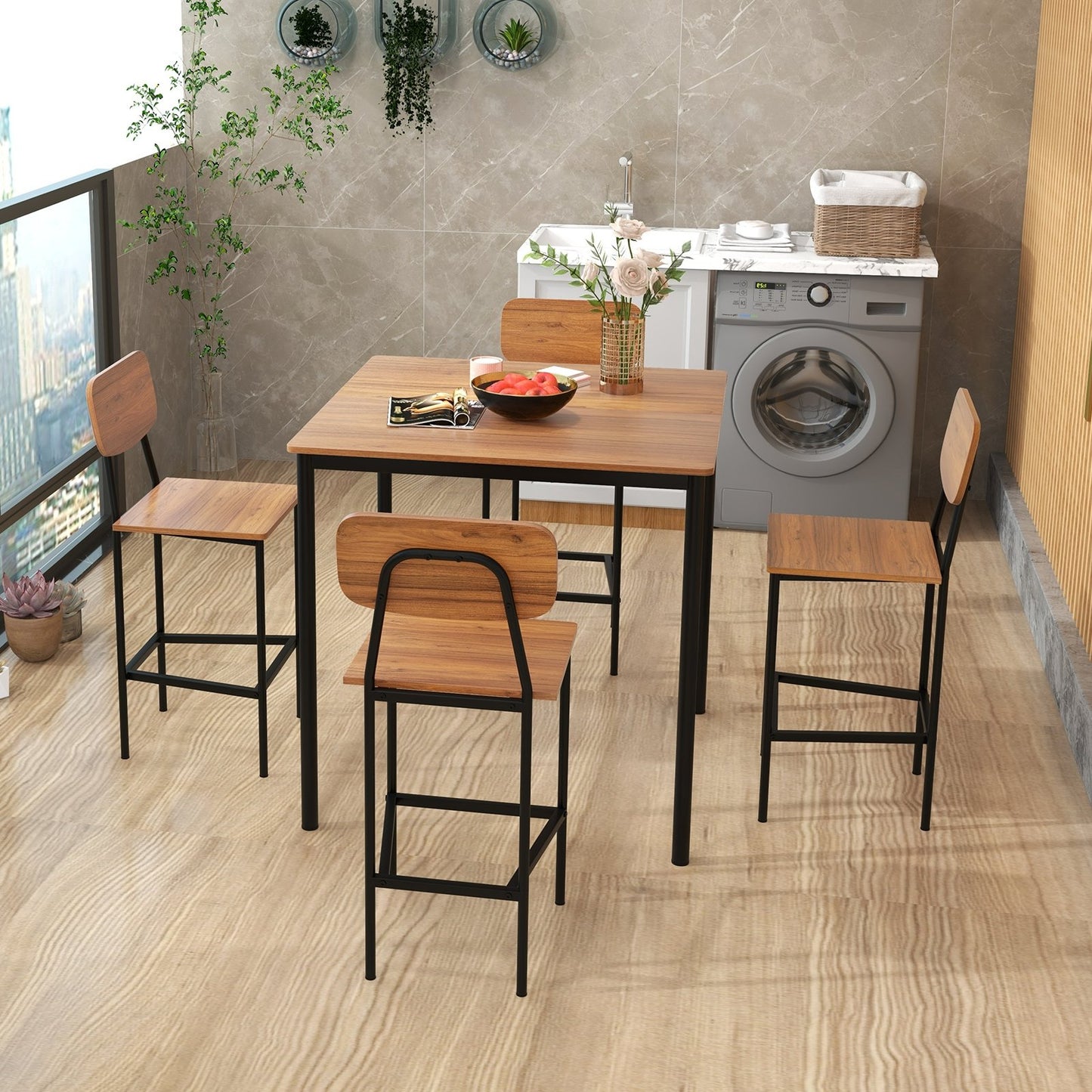 5 Pieces Industrial Dining Table Set with Counter Height Table and 4 Bar Stools, Dark Brown