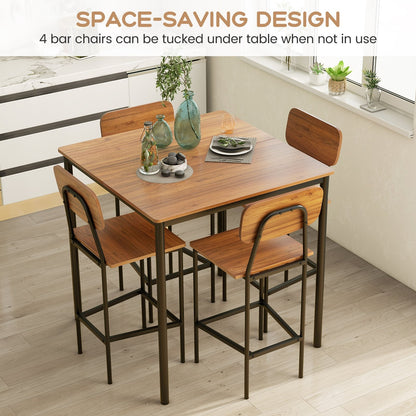 5 Pieces Industrial Dining Table Set with Counter Height Table and 4 Bar Stools, Dark Brown