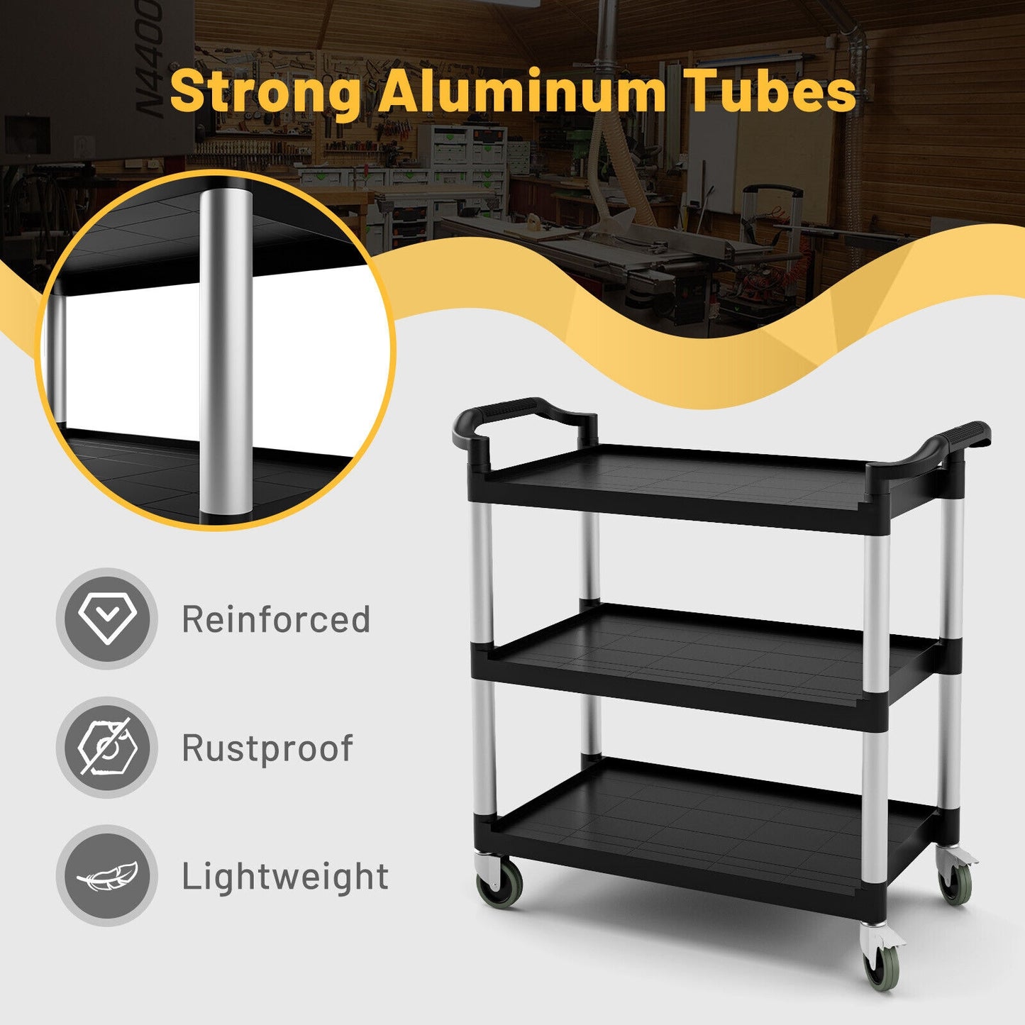 3-Tier Utility Service Cart, Lockable Wheels, Double Handles, Black Garages at Gallery Canada