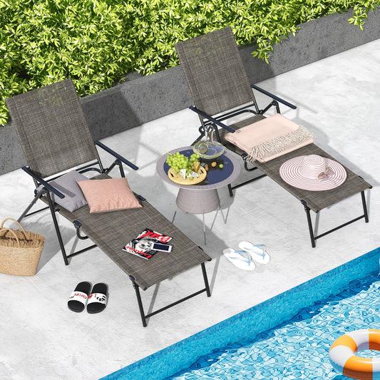 2 Piece Patio Folding Chaise Lounge Chairs, Recliner, 6-Level Backrest, Coffee Outdoor Chaise Lounges Coffee at Gallery Canada