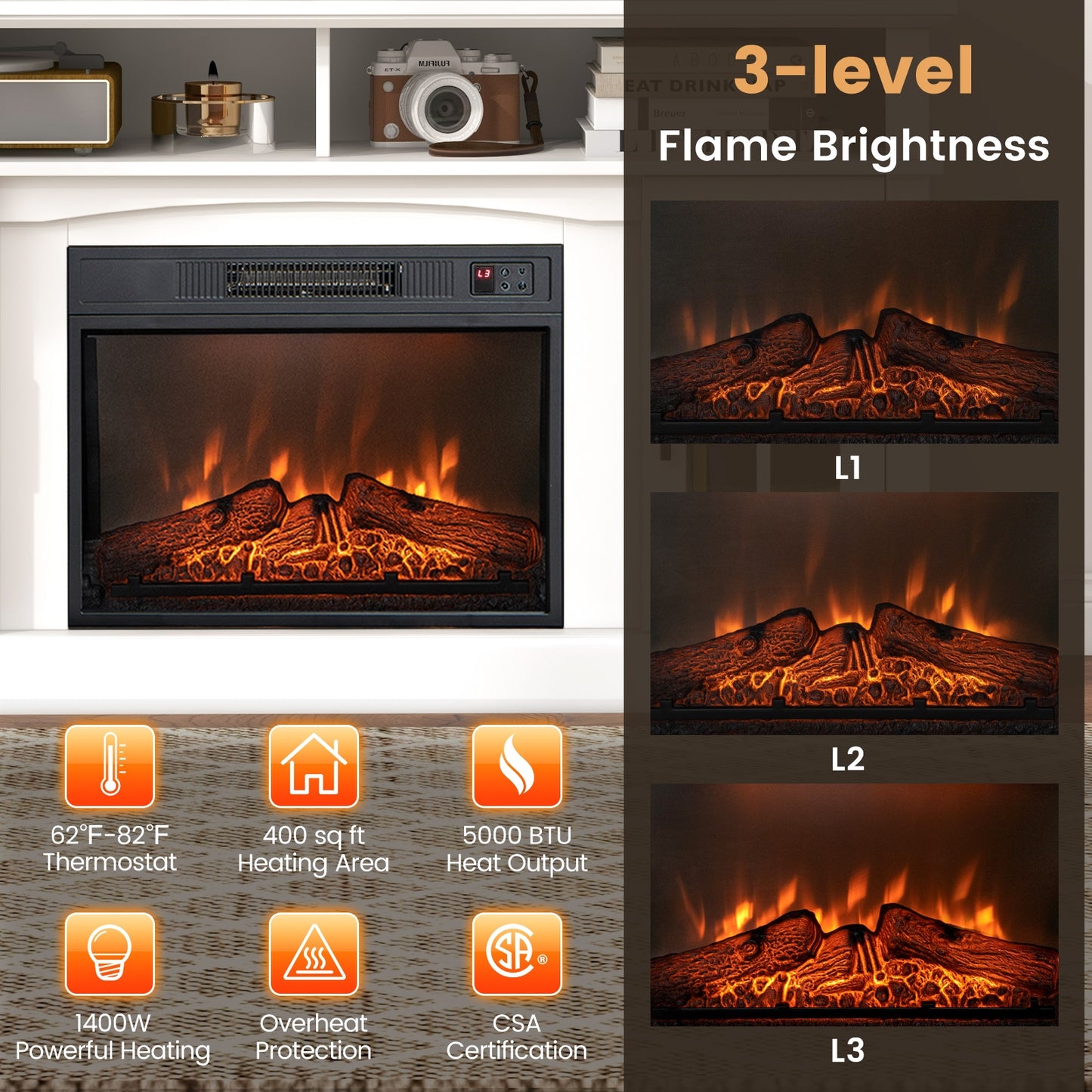Fireplace TV Stand For 65 Inch TVs, Side Cabinets, Remote Control, White Entertainment Centers & TV Stands at Gallery Canada