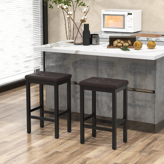 24 Inch Bar Stool, Padded Seat, Footrest, Rubber Wood Frame, Brown Bar Stools Brown at Gallery Canada