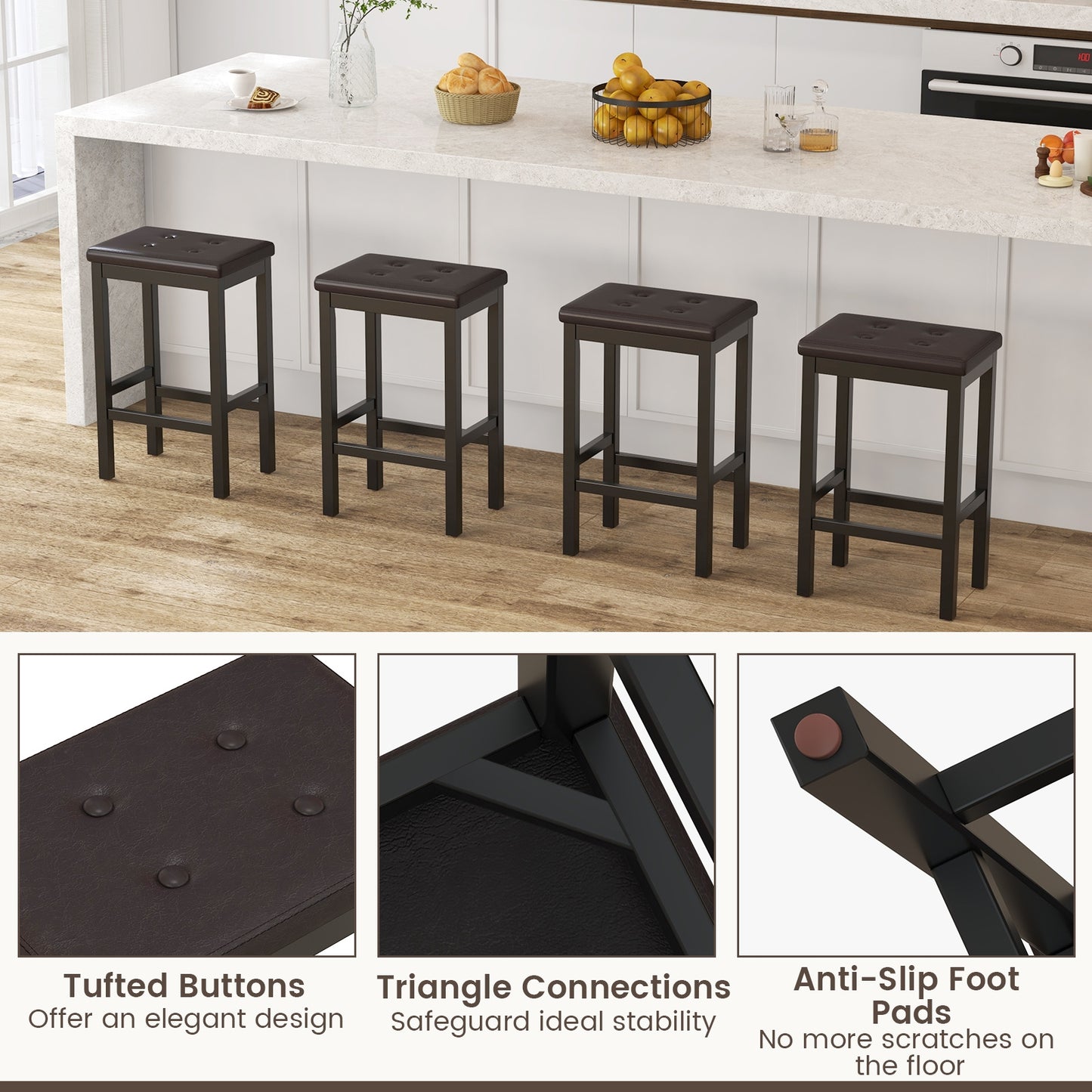 24 Inch Bar Stool, Padded Seat, Footrest, Rubber Wood Frame, Brown Bar Stools at Gallery Canada