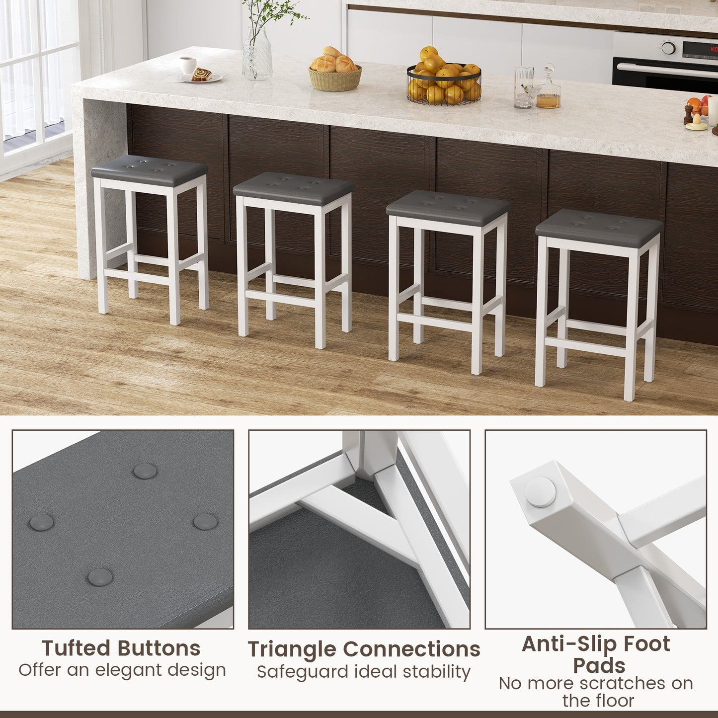 24 Inch Bar Stools, Padded Seat, Footrest, Rubber Wood Frame, White Bar Stools at Gallery Canada