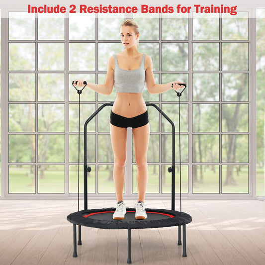 40 Inch Foldable Rebounder With Resistance Bands, Adjustable, Red