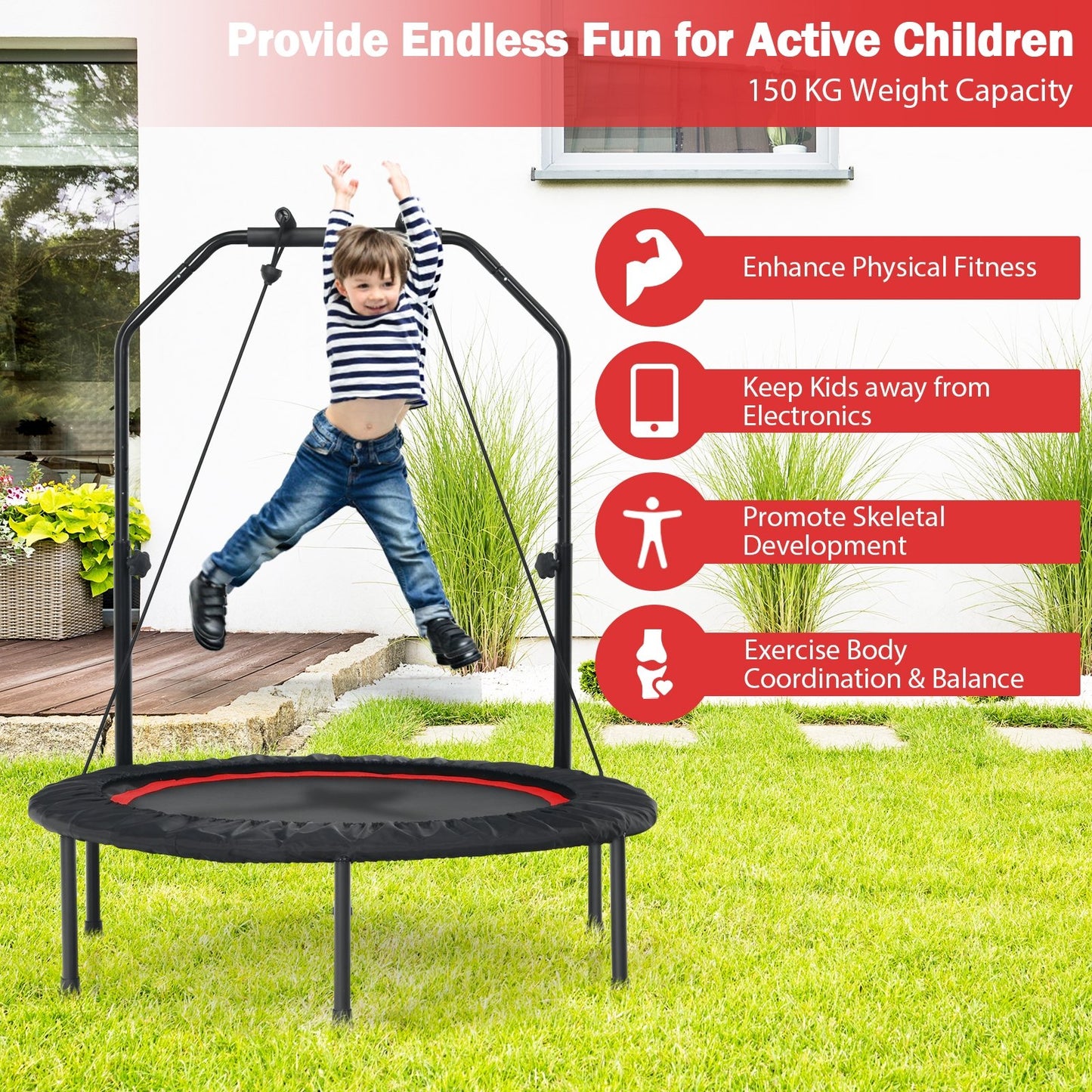 40 Inch Foldable Fitness Rebounder with Resistance Bands Adjustable Home, Red