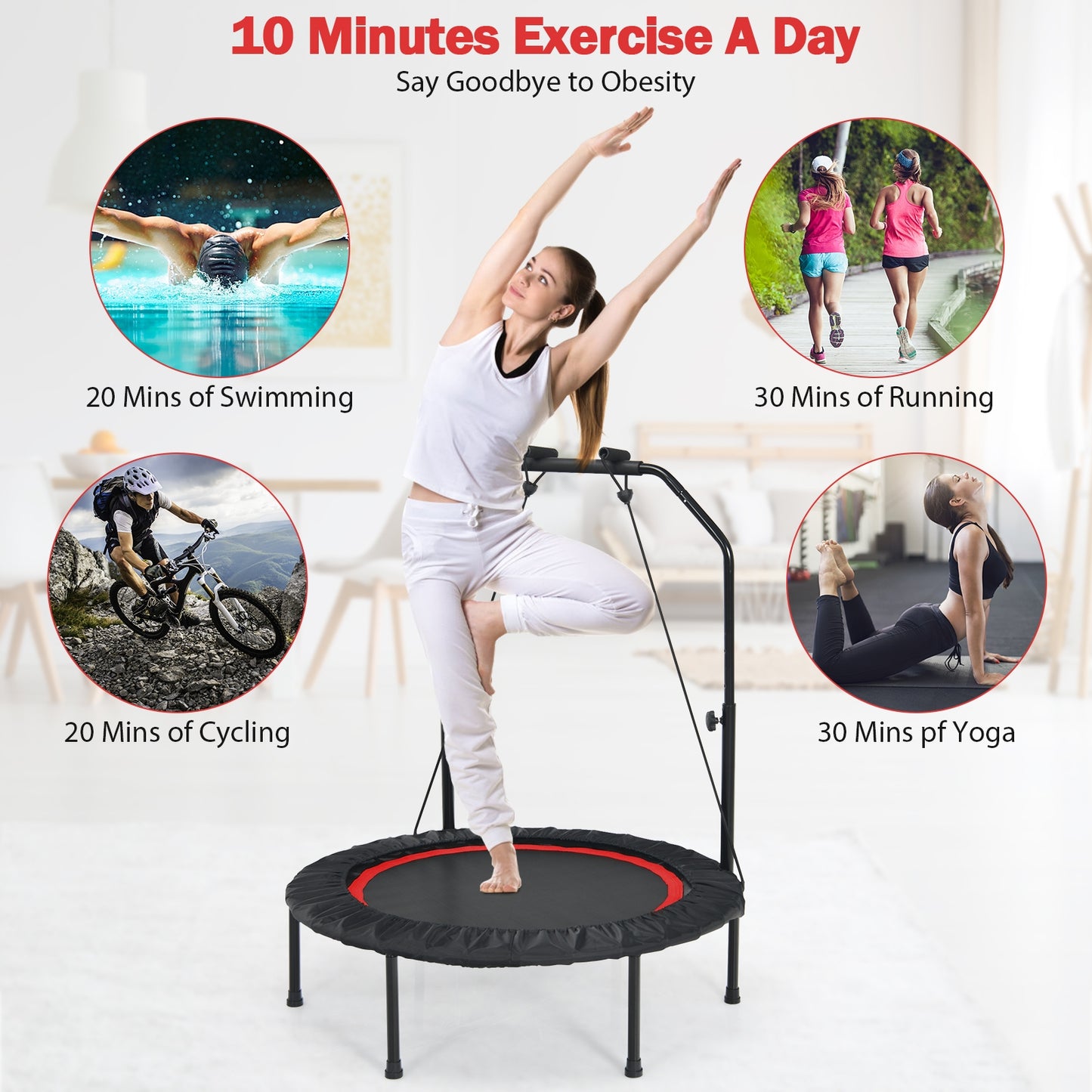 40 Inch Foldable Fitness Rebounder with Resistance Bands Adjustable Home, Red Trampolines at Gallery Canada