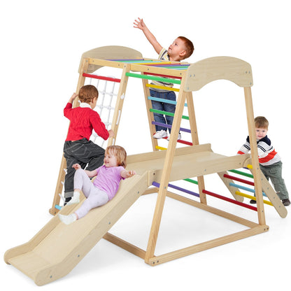 6-in-1 Indoor Jungle Gym Kids Wooden Playground with Monkey Bars, Multicolor