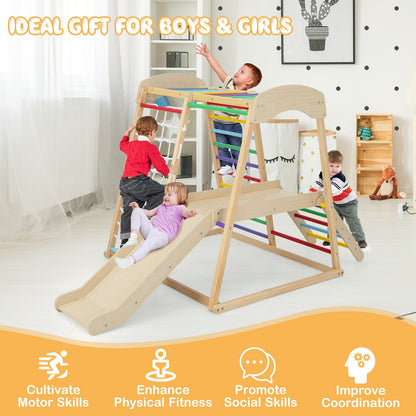 6-in-1 Indoor Jungle Gym Kids Wooden Playground with Monkey Bars, Multicolor