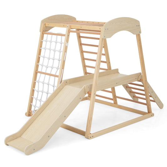 6-in-1 Indoor Jungle Gym Kids Wooden Playground with Monkey Bars, Natural at Gallery Canada