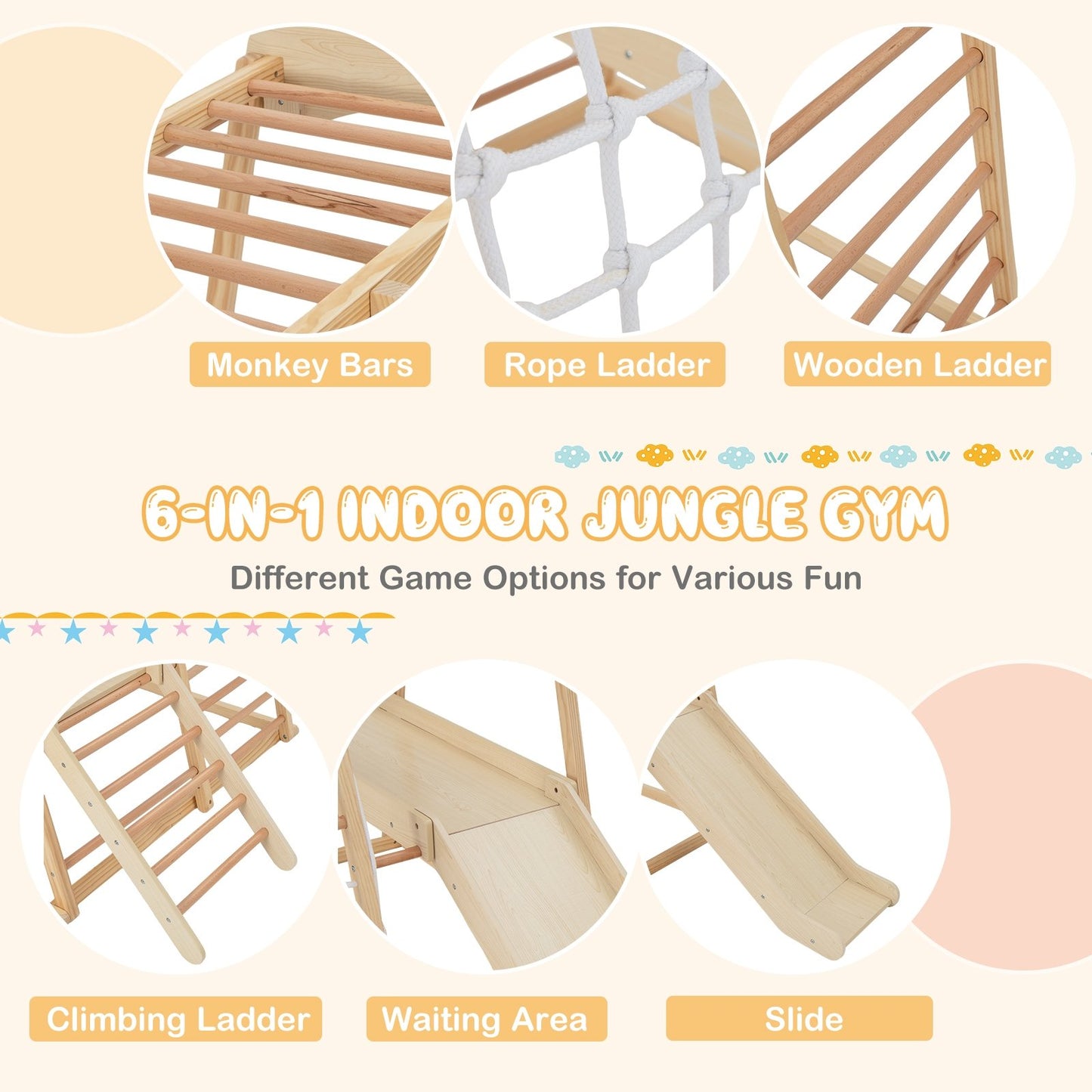 6-in-1 Indoor Jungle Gym Kids Wooden Playground with Monkey Bars, Natural