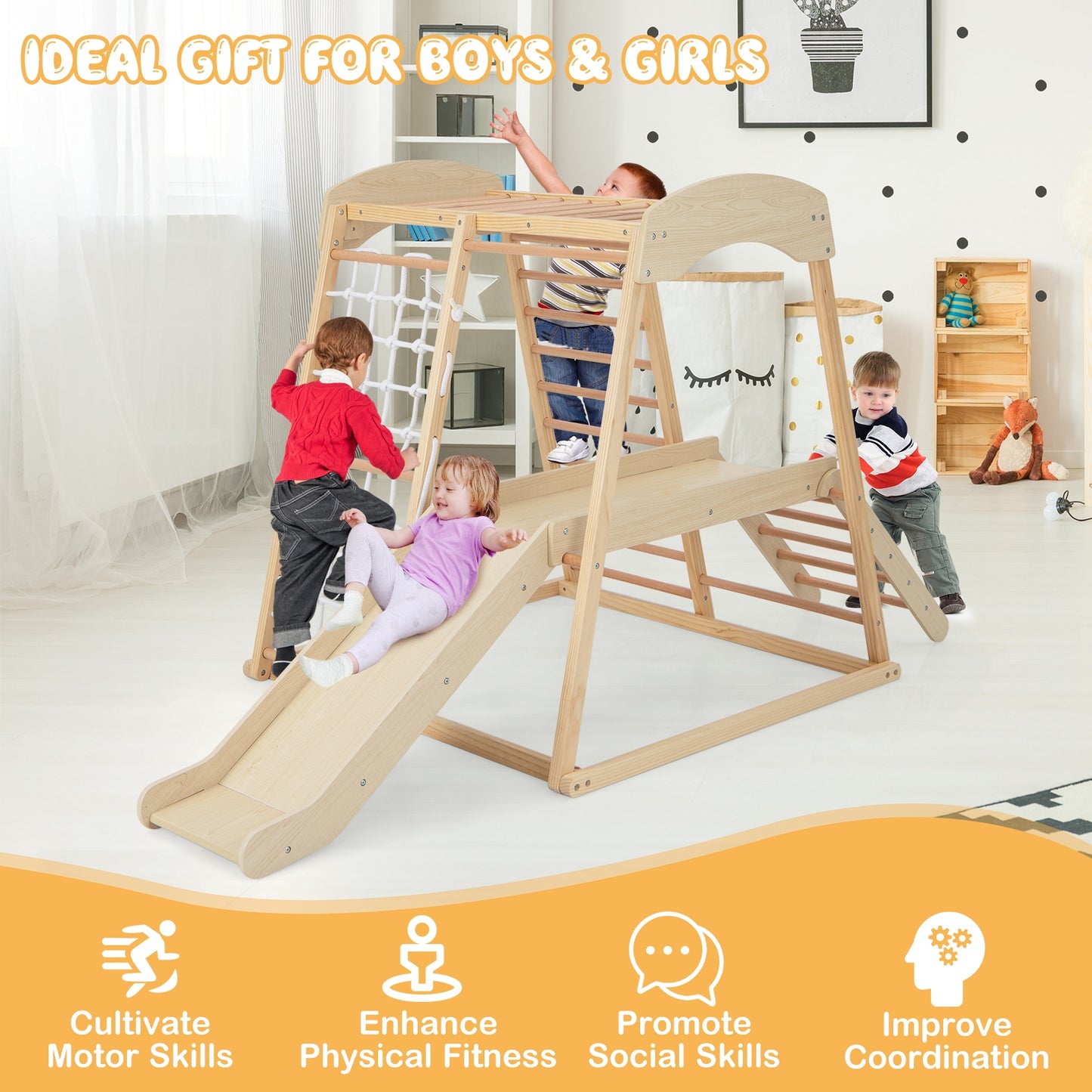 6-in-1 Indoor Jungle Gym Kids Wooden Playground with Monkey Bars, Natural Climbers & Slides at Gallery Canada
